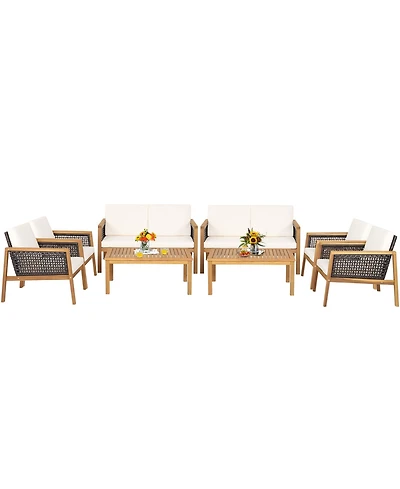 Gymax 8PCS Patio Acacia Wood Furniture Set Pe Rattan Conversation Set w/ Off White Cushions