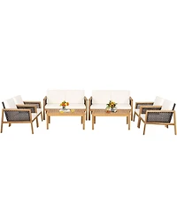 Gymax 8PCS Patio Acacia Wood Furniture Set Pe Rattan Conversation Set w/ Off White Cushions