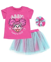 Sesame Street Baby Girls Elmo Abby Cadabby T-Shirt Tulle Skirt and Scrunchie 3 Piece Outfit Set to