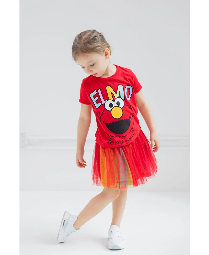 Sesame Street Little Girls Elmo Abby Cadabby T-Shirt Tulle Skirt and Scrunchie 3 Piece Outfit Set to