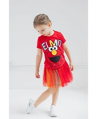 Sesame Street Little Girls Elmo Abby Cadabby T-Shirt Tulle Skirt and Scrunchie 3 Piece Outfit Set to
