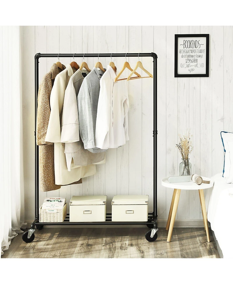 Slickblue Clothes Rail, Clothing Rack on Wheels, Coat Stand with 1 Hanging Rail and Shelf