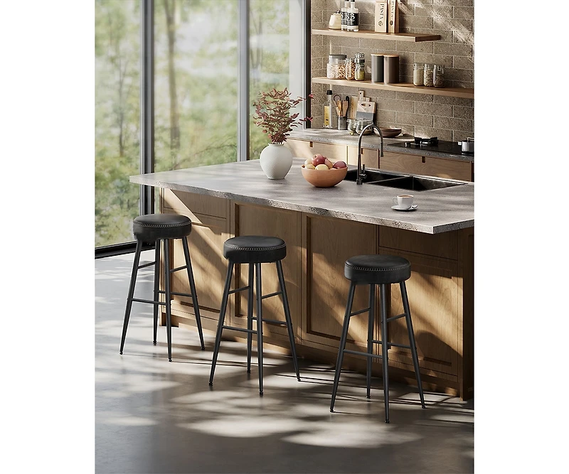 Set Of 2, Kitchen Bar Stools, Breakfast Synthetic Leather With Stitching