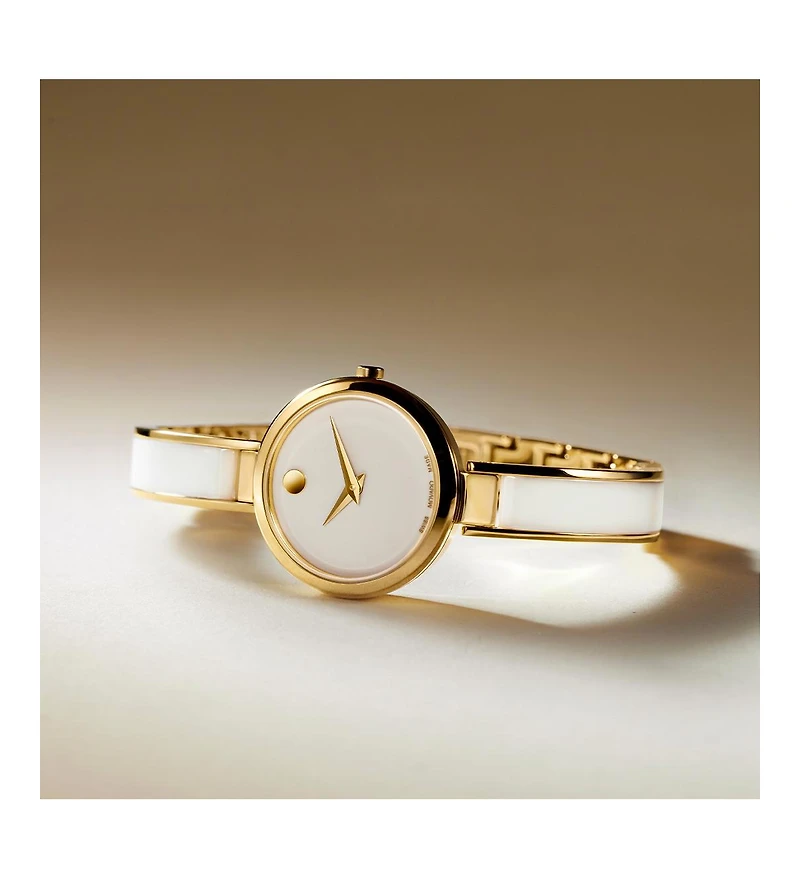 Movado Women's Moda Swiss Quartz White Ceramic Yellow Pvd Bangle Watch 24mm