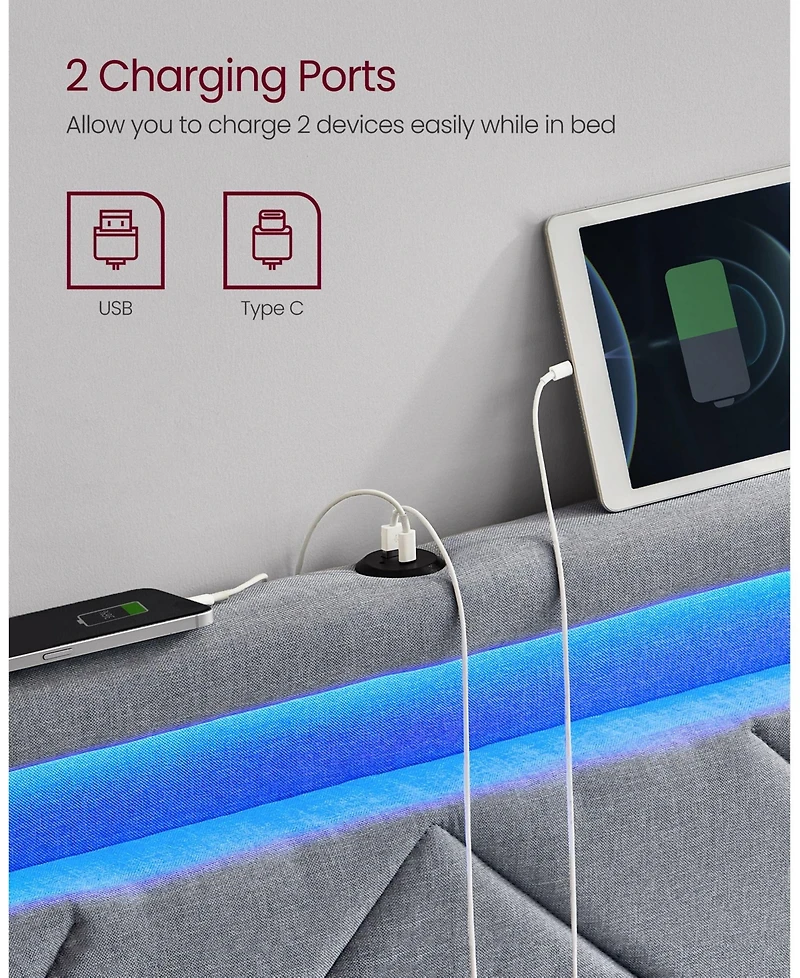 Led Bed Frame With Headboard And 4 Drawers, 1 Usb Port And 1 Type C Port