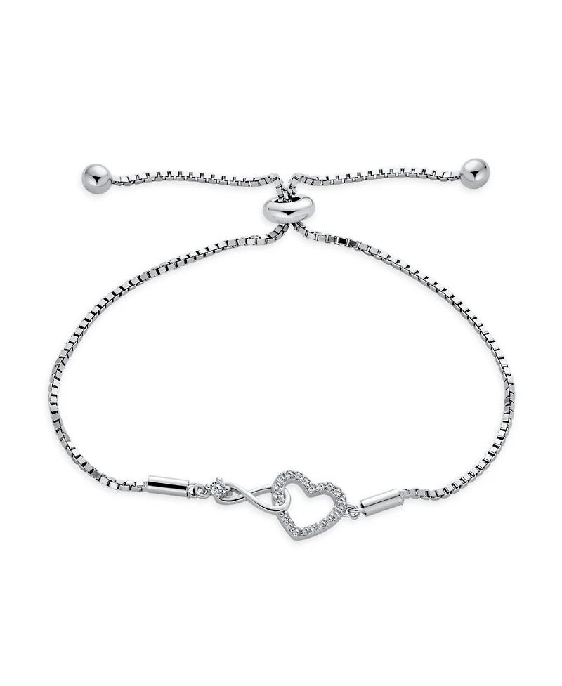 Bling Jewelry Delicate Dainty Cz Accent Infinity Heart Bolo Bracelet Sterling Silver Rhodium Plated Adjustable Slide 7"
