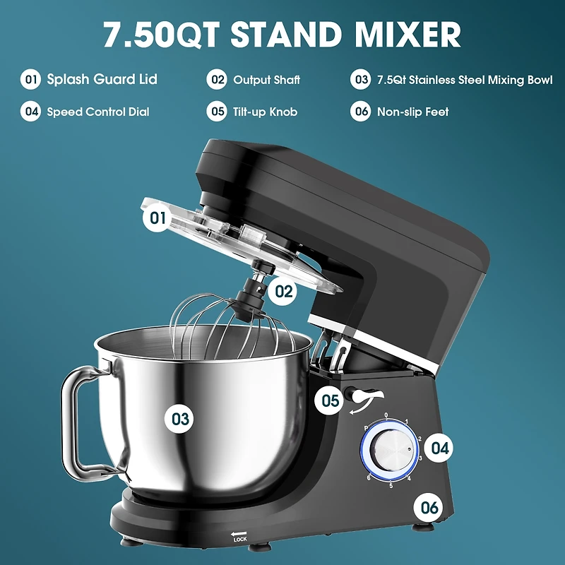 Sugift 7.5 Qt Tilt-Head Stand Mixer 6 Speed with Egg Whisk, Dough Hook & Flat Beater
