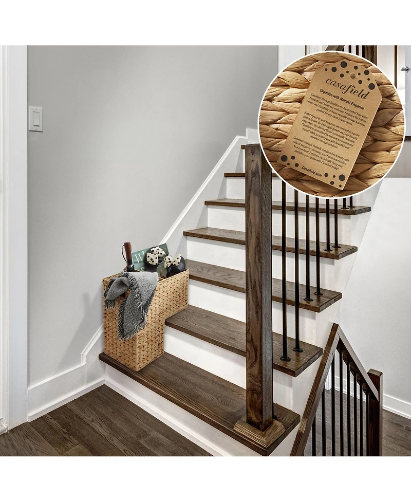 Casafield Stair Basket with Handles, Natural - Woven Water Hyacinth Staircase Step Organizer Bin - Natural