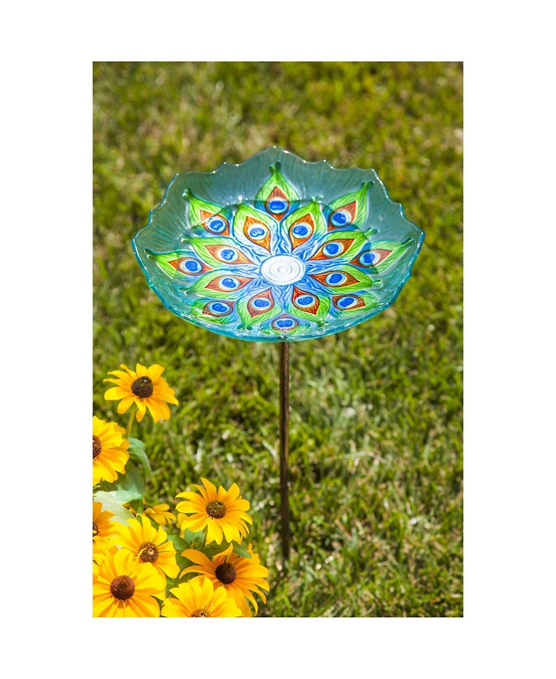 Evergreen Peacock Glass Bird Bath with Metal Stake