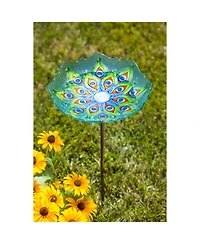 Evergreen Peacock Glass Bird Bath with Metal Stake