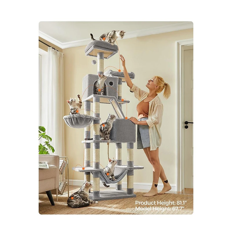 Slickblue Cat Tree, Cat Tower, Tall Cat Condo with Hammock, Basket, Scratching Posts, 2 Cat Caves, 2 Plush Perches, Cat Activity Center