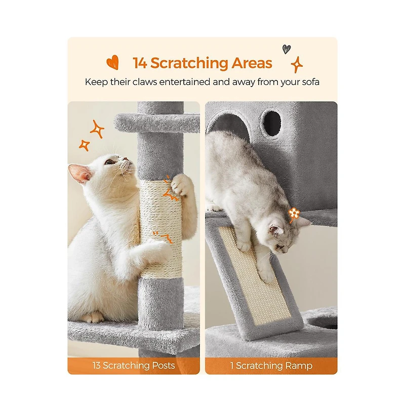 Slickblue Cat Tree, Cat Tower, Tall Cat Condo with Hammock, Basket, Scratching Posts, 2 Cat Caves, 2 Plush Perches, Cat Activity Center