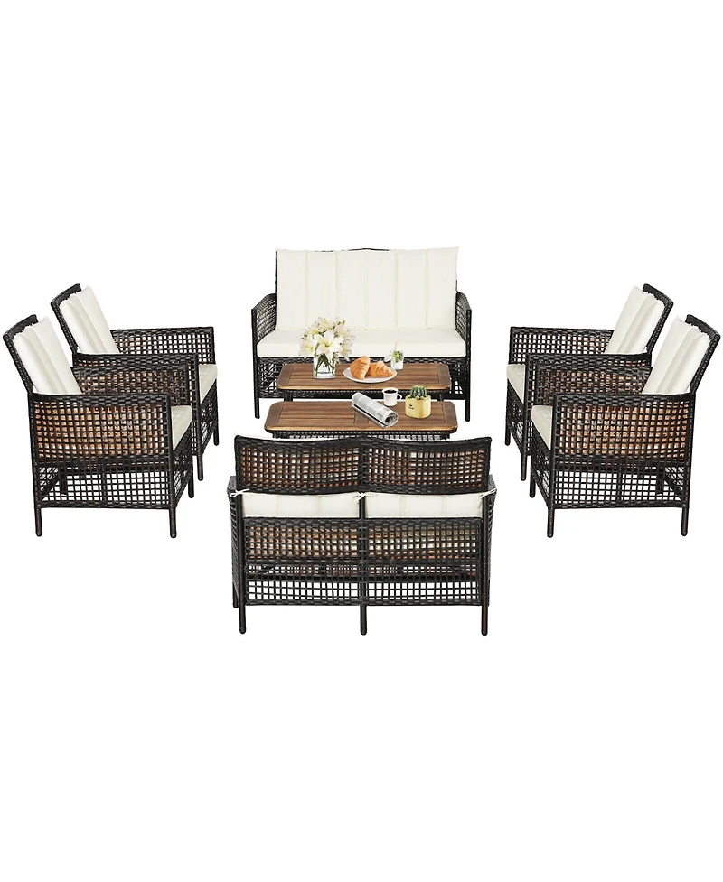 Gymax 8PCS Cushioned Patio Pe Wicker Conversation Furniture Set w/ Acacia Wood Tabletop