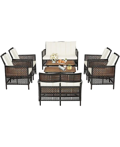 Gymax 8PCS Cushioned Patio Pe Wicker Conversation Furniture Set w/ Acacia Wood Tabletop