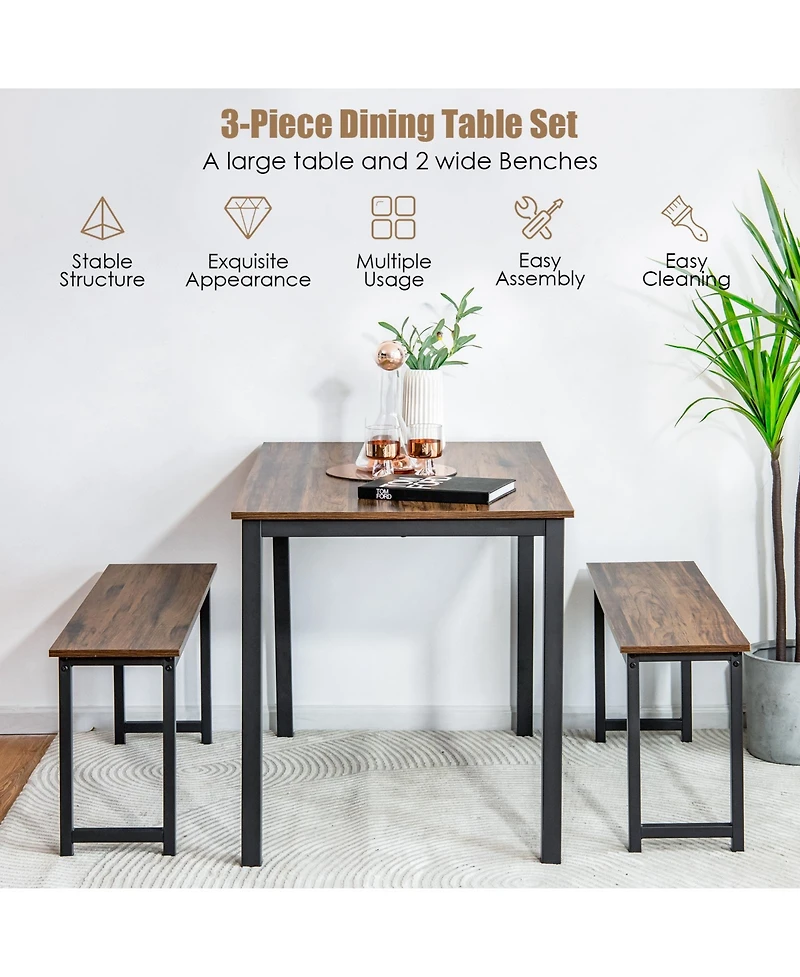 Sugift 3 Pieces Dining Table Set with 2 Benches for Dining Room Kitchen Bar
