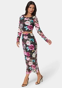 Bebe Women's Mesh Printed Two Piece Long Sleeve Set