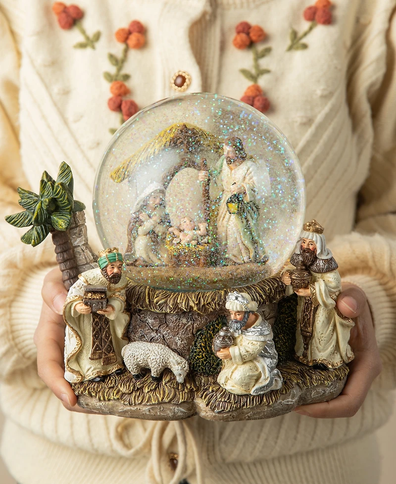 Glitzhome 150mm Christmas Oversized Resin Lighted Musical Snowflakes Nativity Scene Waterglobe