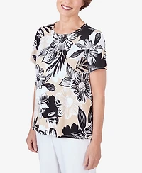Alfred Dunner Women's Pleated Neck Bold Floral Short Sleeve Tee