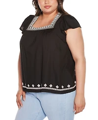 Belldini Black Label Plus Boho Embroidered Square Neck Top