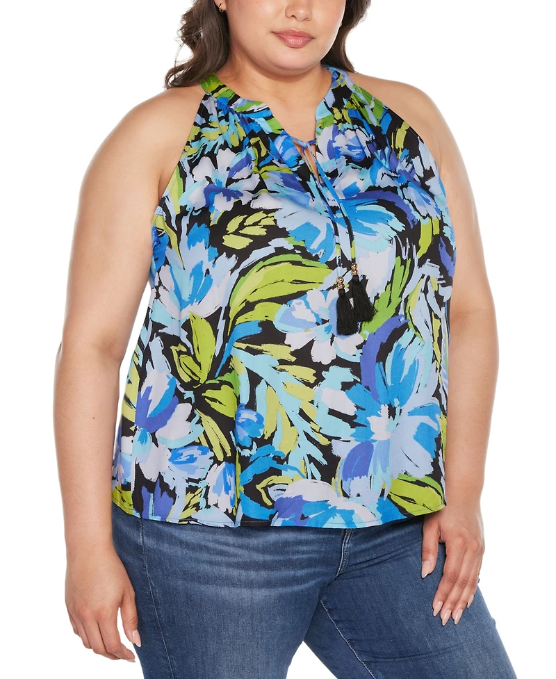 Belldini Black Label Plus Abstract Floral Tie-Neck Sleeveless Top