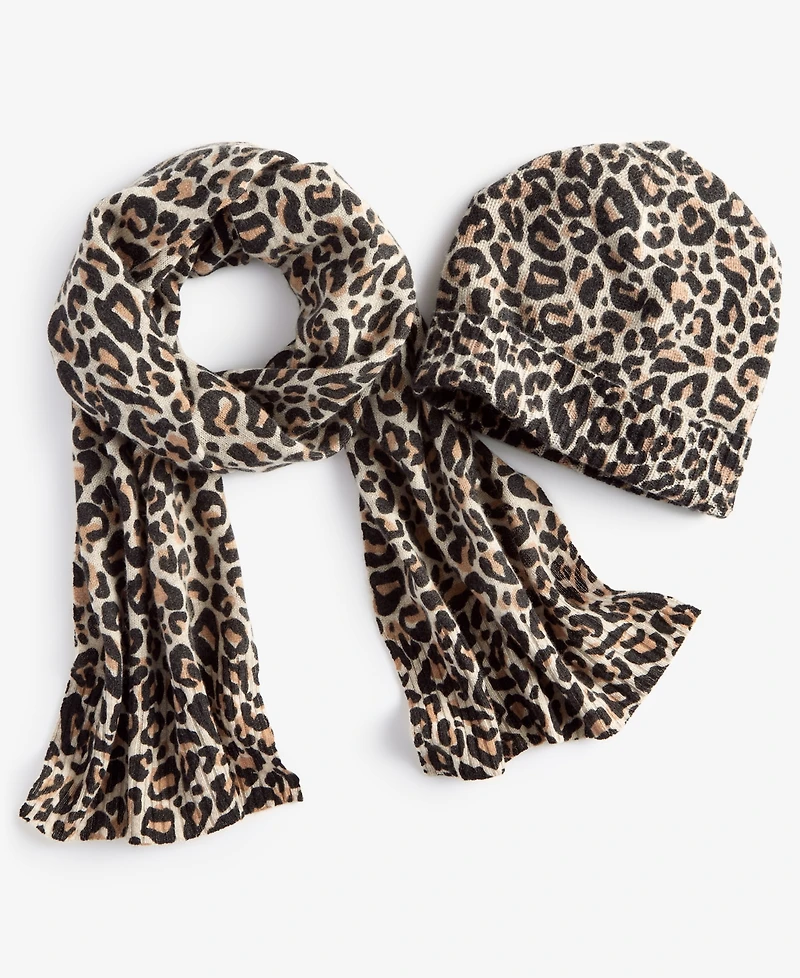 Charter Club Cashmere Leopard Cuffed Beanie, Created for Macy's