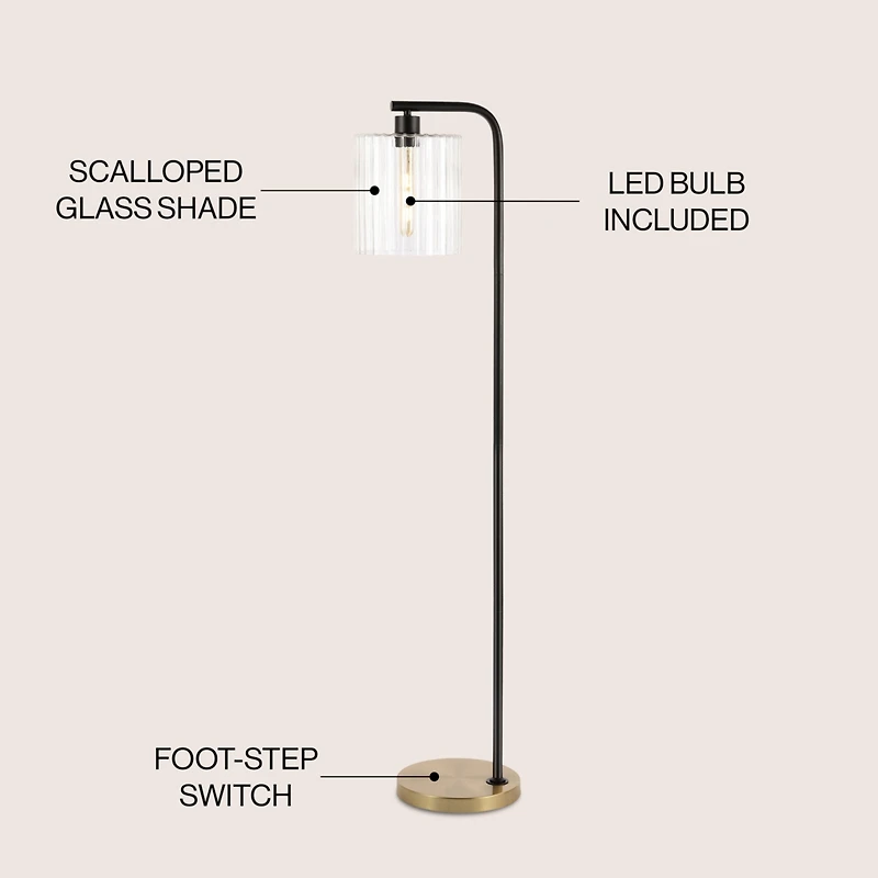 Jonathan Y Easton 60.75" Modern Minimalist Metal/Ribbed Glass Led Floor Lamp, Brass Gold/Black
