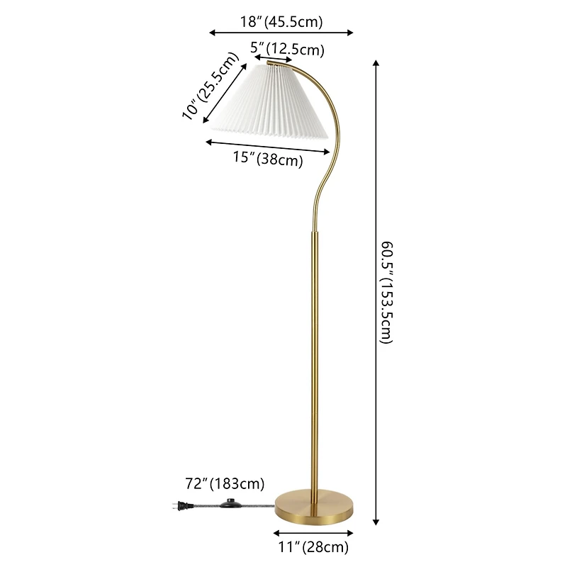 Jonathan Y Devon 60.5" Modern Glam Metal Arc Led Floor Lamp with Pleated Shade, Brass Gold/White