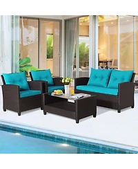 Gymax 4PCS Outdoor Conversation Set Patio Pe Rattan Set w/ Glass Table & Sofa Cushions