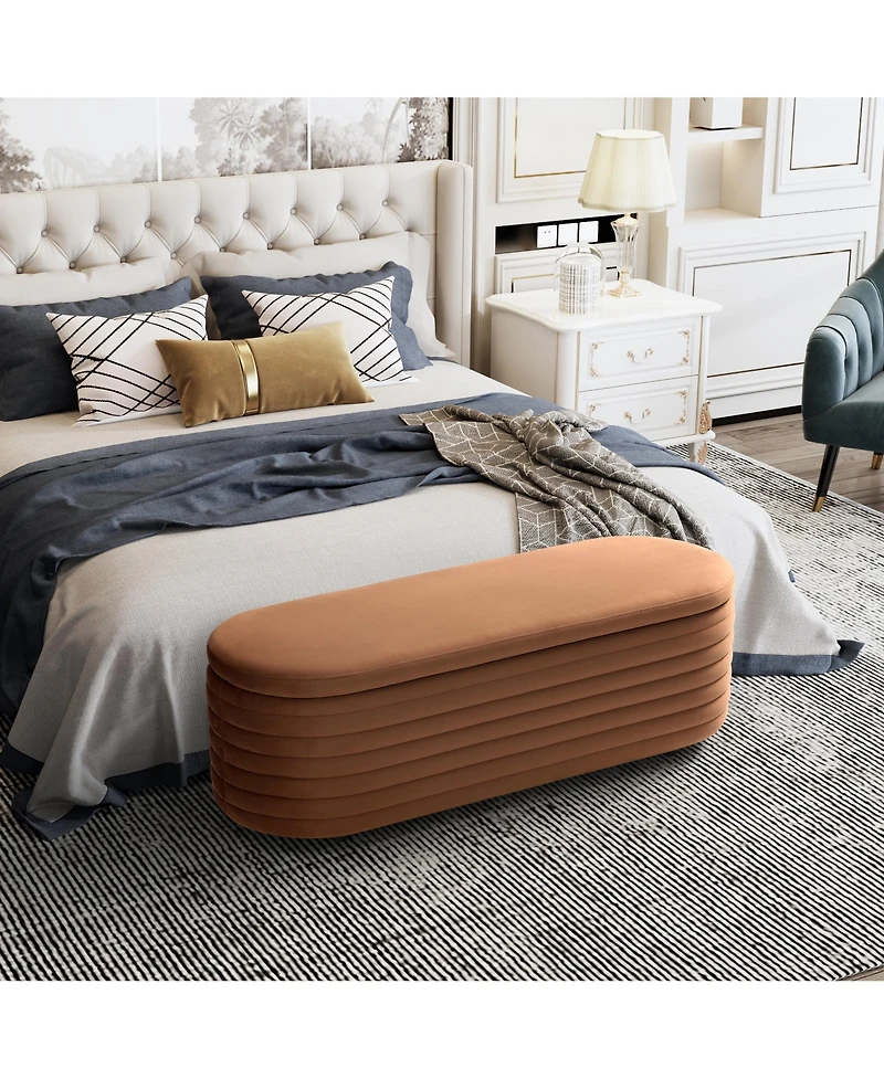 WestinTrends 54" Wide Mid-Century Modern Upholstered Velvet Tufted Oval Storage Ottoman Bench