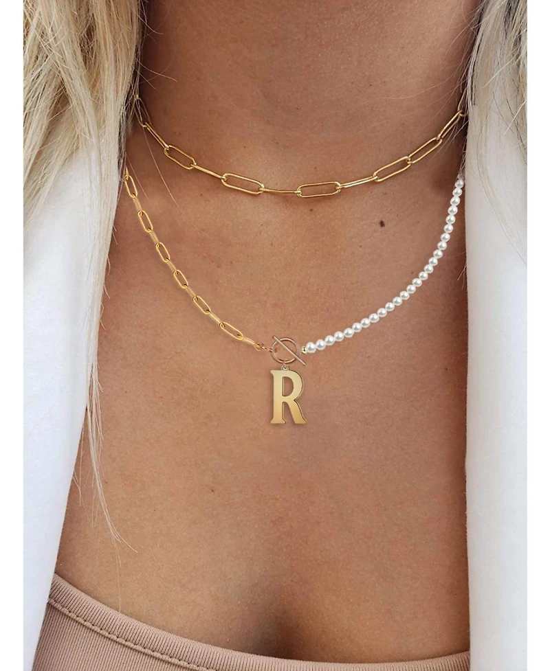 14K Gold Plated Initial Imitation Pearl Link Chain Necklace