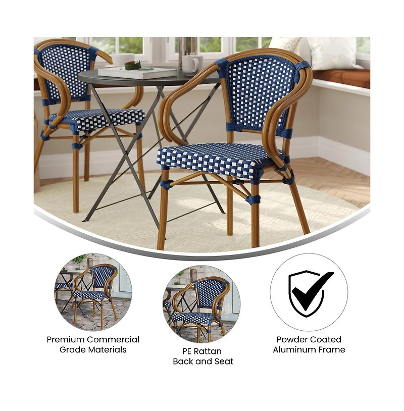 Merrick Lane Sacha Stacking Thonet Bistro Style Chair With Arms, Pe Rattan Seat, And Bamboo Finished Metal Frame For Indoor/Outdoor Use