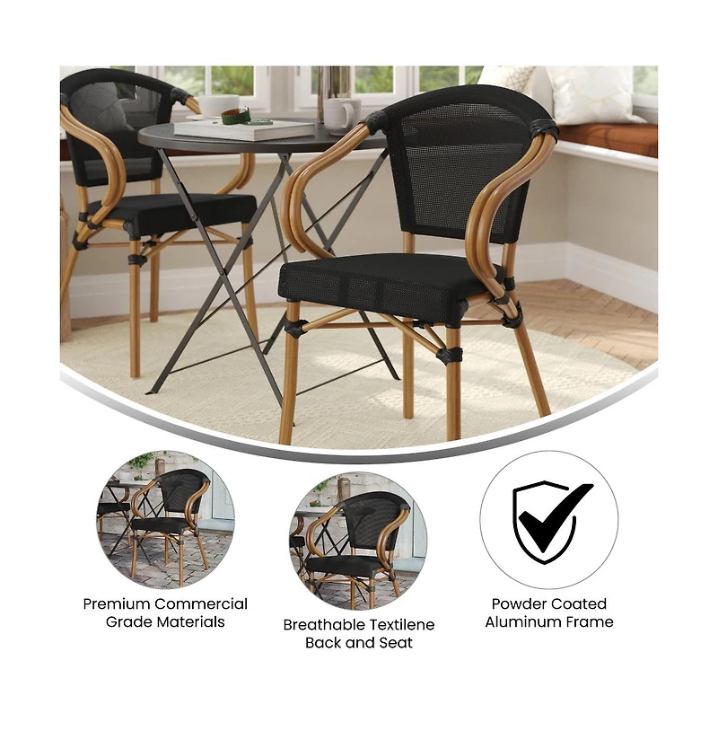 Merrick Lane Mael Stacking Thonet Bistro Style Chair With Arms, Textilene Seat, And Bamboo Finished Metal Frame For Indoor/Outdoor Use