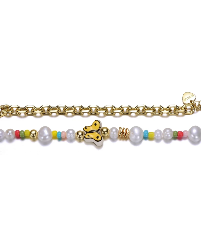 GiGiGirl 14k Yellow Gold Plated Multi Color Beads Necklace with Freshwater Pearls and a Butterfly Charm for Kids