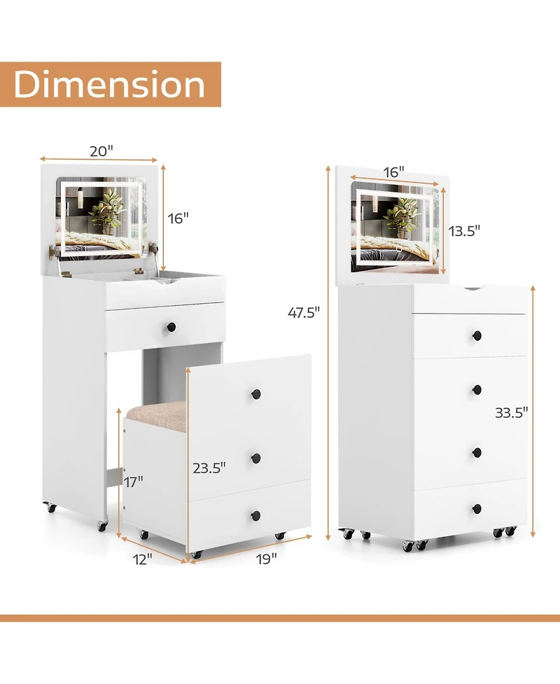 Sugift 3-in-1 Vanity Set with Cushioned Stool and Flip-up Mirror