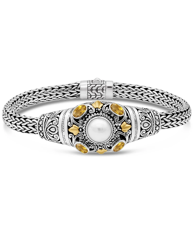 Devata Citrine, Freshwater Cultured Pearl & Bali Filigree with Dragon Bone Oval 5mm Chain Bracelet in Sterling Silver and 18K Gold