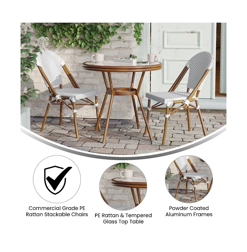 Merrick Lane Celia Bistro Style Table With Glass Top, Pe Rattan, Stack Chairs