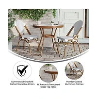 Merrick Lane Celia Bistro Style Table With Glass Top, Pe Rattan, Stack Chairs