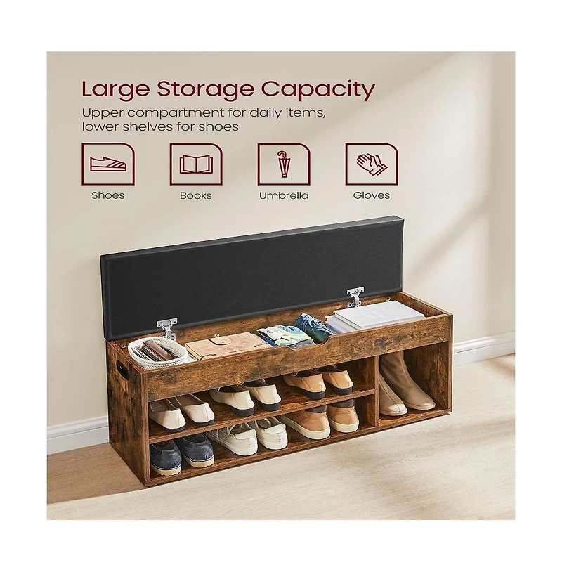 Storage Bench with Cushion Seat and 3 Open Compartments for Entryway or Bedroom