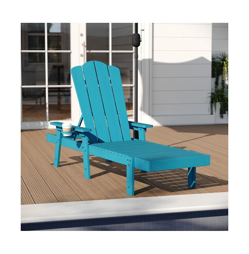 Merrick Lane Solvang Set Of 2 Indoor/Outdoor Adjustable Adirondack Loungers With Fold Out Cupholders- Recycled All-Weather Hdpe Lounge