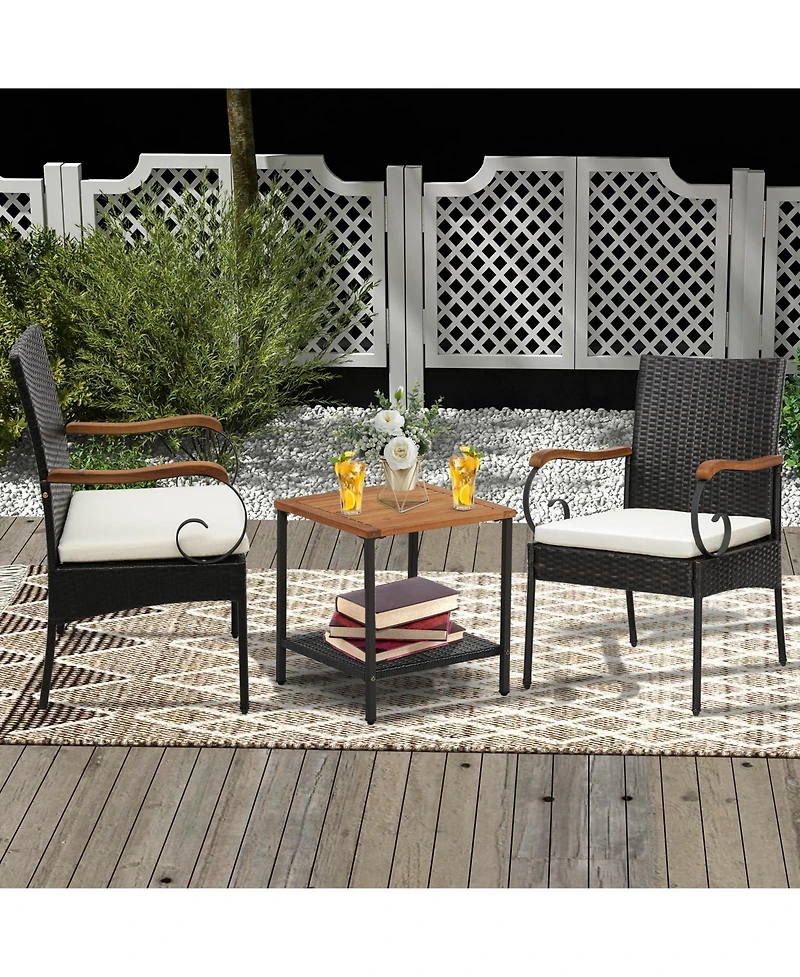 Sugift Set of 4 Outdoor Pe Wicker Chairs with Acacia Wood Armrests