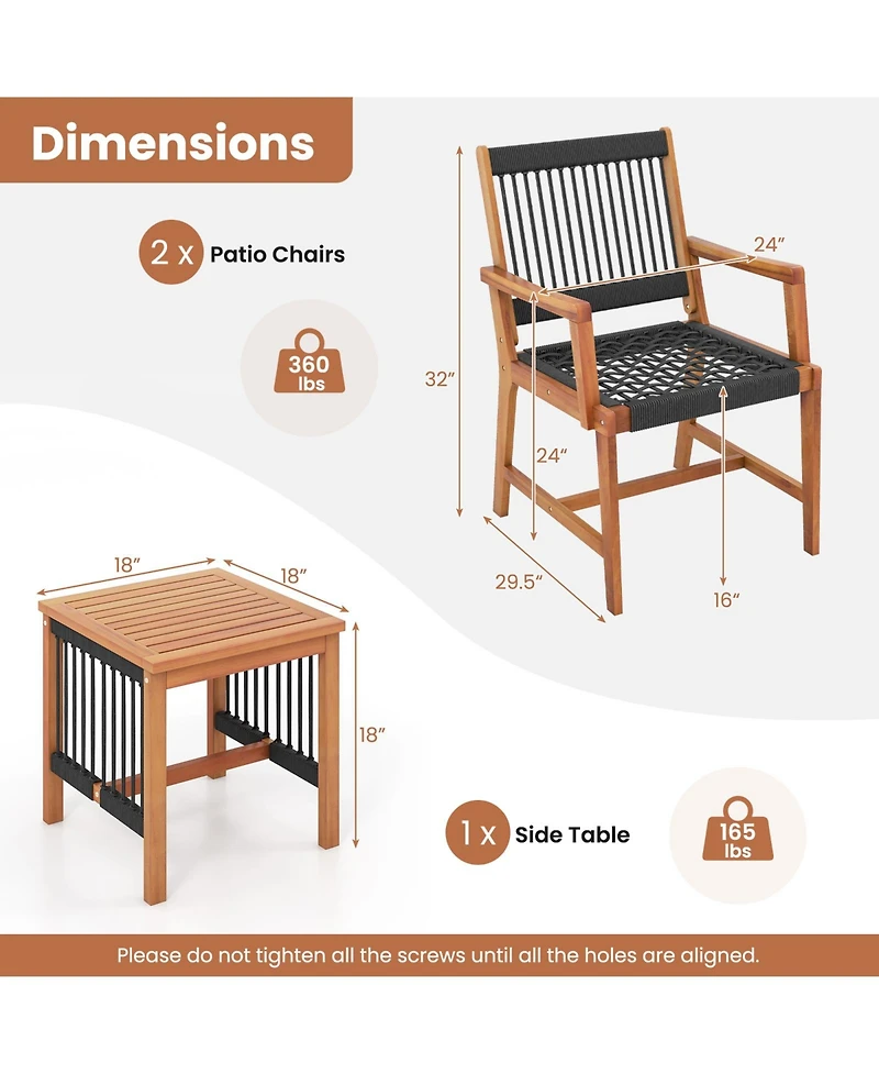 Sugift 3 Pieces Acacia Wood Patio Conversation Sets with Armchairs Coffee Table