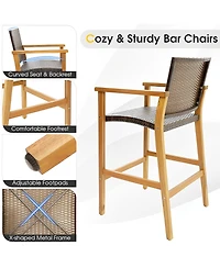 Sugift Set of 2 Pe Wicker Patio Bar Chairs with Acacia Wood Armrests