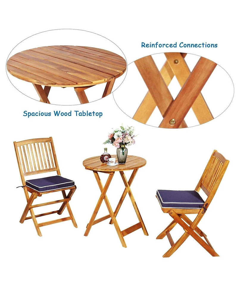 Sugift 3 Pieces Patio Folding Bistro Set with Padded Cushion and Round Coffee Table