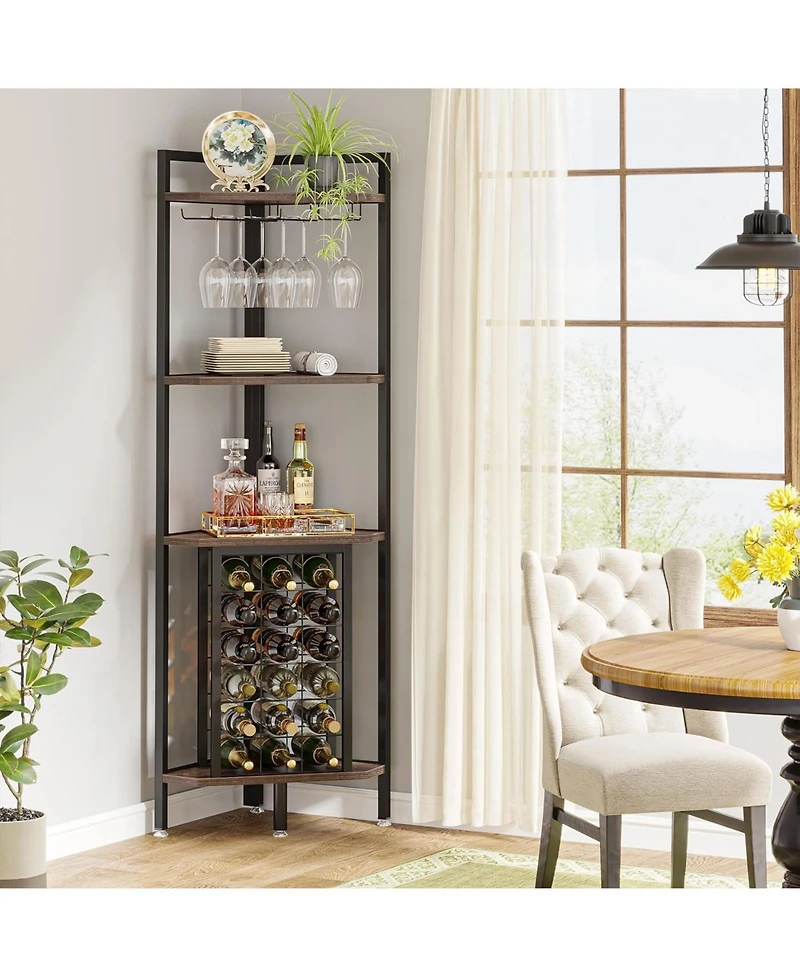Tribesigns Corner Wine Rack with Glass Holder and Storage Shelves, 4 Tier Corner Bar Corner Wine Cabinet, Industrial Corner Wine Shelf for Living Room
