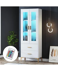 Tribesigns Bookcase with Doors and Led Light,Bookshelf with 2 Drawers, Freestanding Tall Storage Cabinet for Living Room, Bathroom, Office, Kitchen