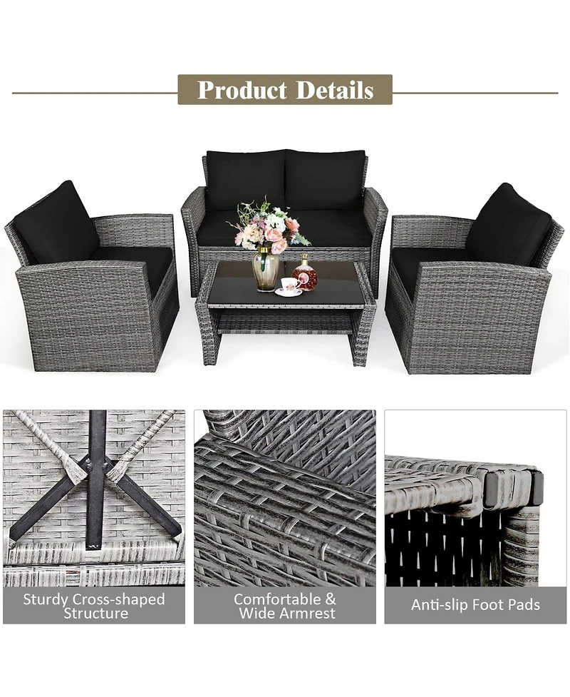Sugift 4 Pieces Patio Rattan Furniture Set Sofa Table with Storage Shelf Cushion