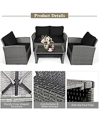 Sugift 4 Pieces Patio Rattan Furniture Set Sofa Table with Storage Shelf Cushion