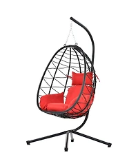 Mondawe Wicker Hanging Egg Basket Hammock Chair With Stand and Removable Cushions, Red