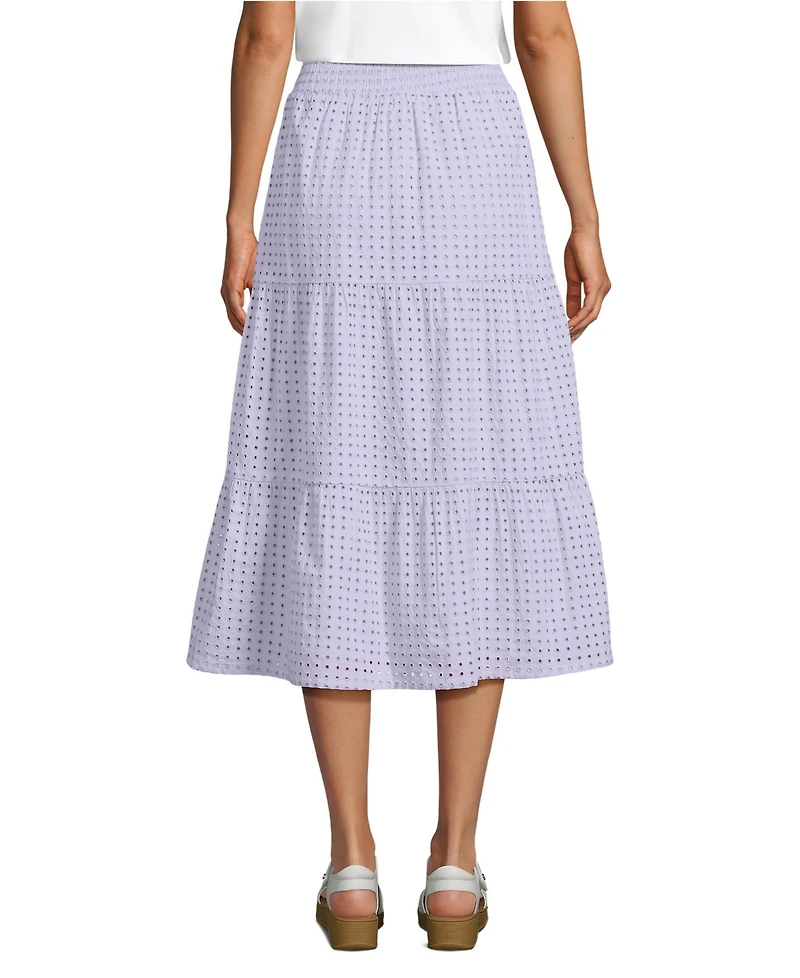 Lands' End Women's Poplin Tiered Eyelet Midi Skirt