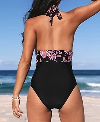 Cupshe Women's Retro Boho Plunging Halterneck Tummy Control One-Piece